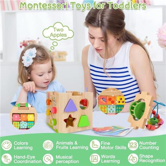 Activity Cube Wooden Montessori Toy, Shape Sorter Developmental Learning Toys - Picture 6 of 8
